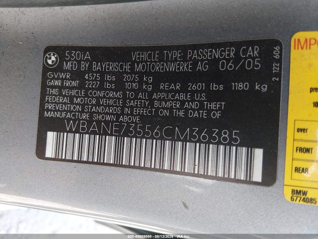 45869560 :رقم المزاد ، WBANE73556CM36385 vin ، 2006 Bmw 530i مزاد بيع