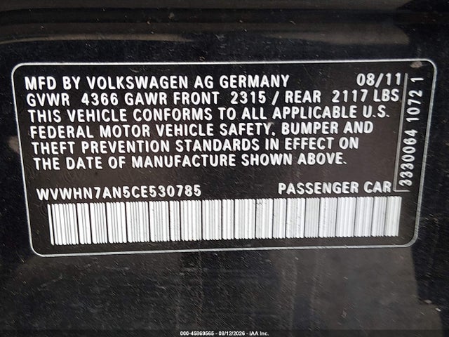 45869565 :رقم المزاد ، WVWHN7AN5CE530785 vin ، 2012 Volkswagen Cc Lux Plus مزاد بيع