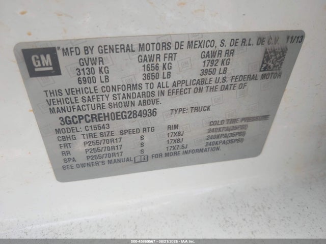 45869567 :رقم المزاد ، 3GCPCREH0EG284936 vin ، 2014 Chevrolet Silverado 1500 1lt مزاد بيع