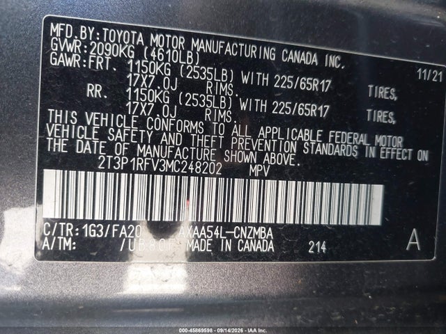 Продажа на аукционе авто 2021 Toyota Rav4 Xle, vin: 2T3P1RFV3MC248202, номер лота: 45869598