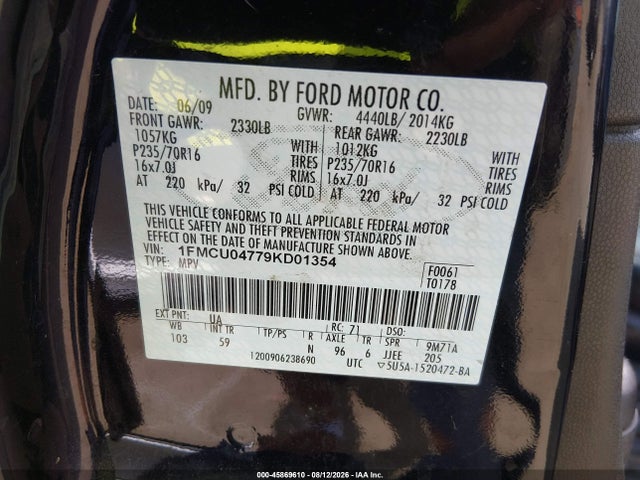 Продажа на аукционе авто 2009 Ford Escape Limited, vin: 1FMCU04779KD01354, номер лота: 45869610