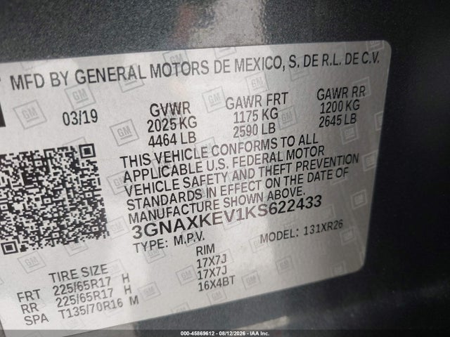 3GNAXKEV1KS622433 Chevrolet EQUINOX LT