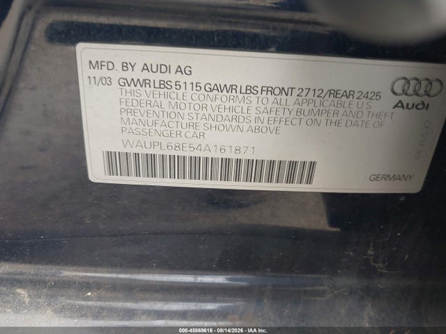 Продаж на аукціоні авто 2004 Audi S4 4.2, vin: WAUPL68E54A161871, номер лоту: 45869616