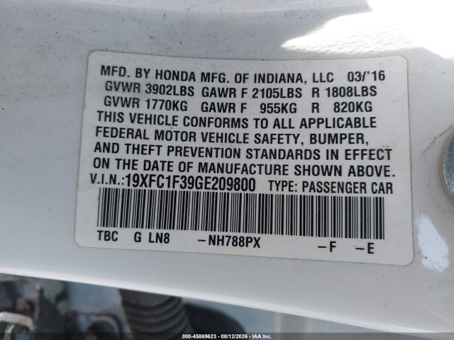 19XFC1F39GE209800 Honda Civic Ex-t