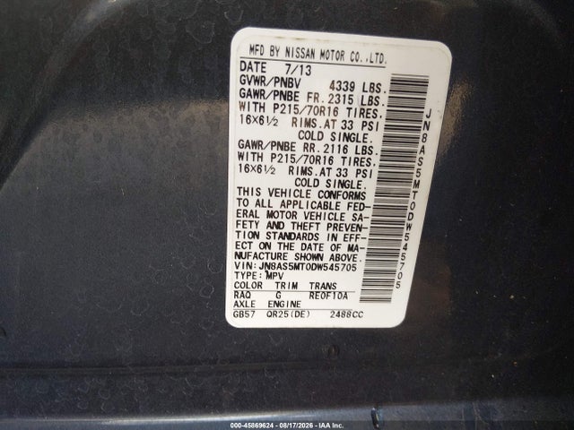 Продажа на аукционе авто 2013 Nissan Rogue S, vin: JN8AS5MT0DW545705, номер лота: 45869624
