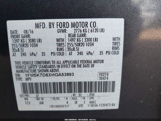 Продажа на аукционе авто 2017 Ford Explorer Xlt, vin: 1FM5K7D8XHGA53893, номер лота: 45869635