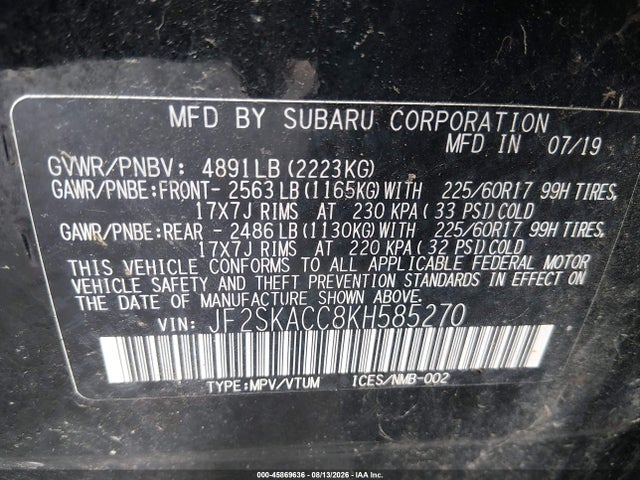 2019 Subaru Forester მანქანა იყიდება აუქციონზე, vin: JF2SKACC8KH585270, აუქციონის ნომერი: 45869636