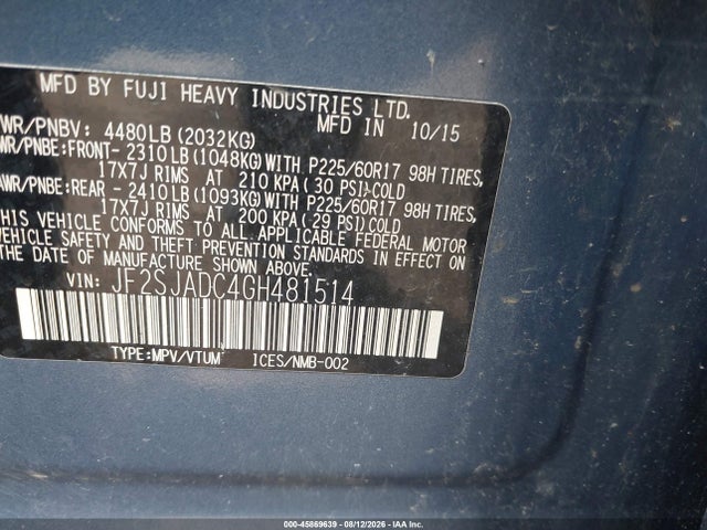 Продаж на аукціоні авто 2016 Subaru Forester 2.5i Premium, vin: JF2SJADC4GH481514, номер лоту: 45869639