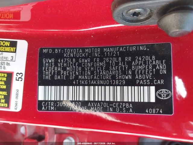 4T1K61AK8NU013829 Toyota CAMRY XSE