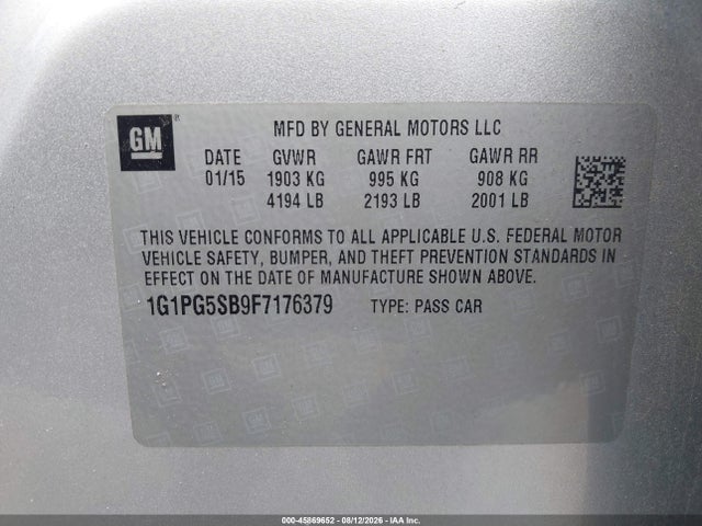 45869652 :رقم المزاد ، 1G1PG5SB9F7176379 vin ، 2015 Chevrolet Cruze Ltz مزاد بيع
