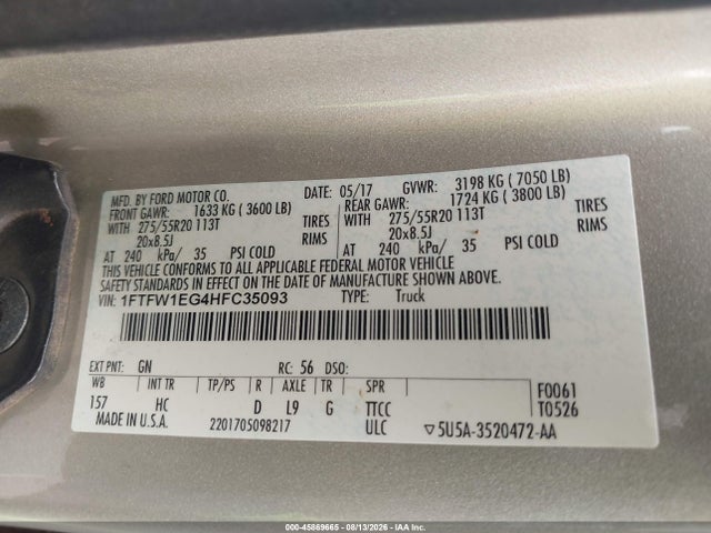Продаж на аукціоні авто 2017 Ford F-150 Lariat, vin: 1FTFW1EG4HFC35093, номер лоту: 45869665