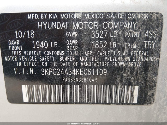 45869666 :رقم المزاد ، 3KPC24A34KE061109 vin ، 2019 Hyundai Accent Se مزاد بيع