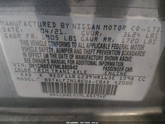 45869667 :رقم المزاد ، 3N1CN8EV7ML885942 vin ، 2021 Nissan Versa Sv Xtronic Cvt مزاد بيع