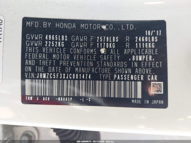 Продажа на аукционе авто 2018 Honda Clarity Plug-in Hybrid Touring, vin: JHMZC5F3XJC001474, номер лота: 45869675