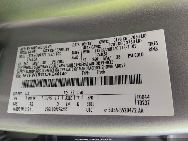 Ford F-150 Raptor 2018 1FTFW1RG1JFE46140 Image 9