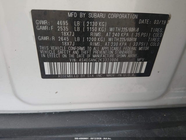 Aukcja sprzedaży 2019 Subaru Outback 2.5i Limited, vin: 4S4BSANC2K3323006, numer aukcji: 45869691