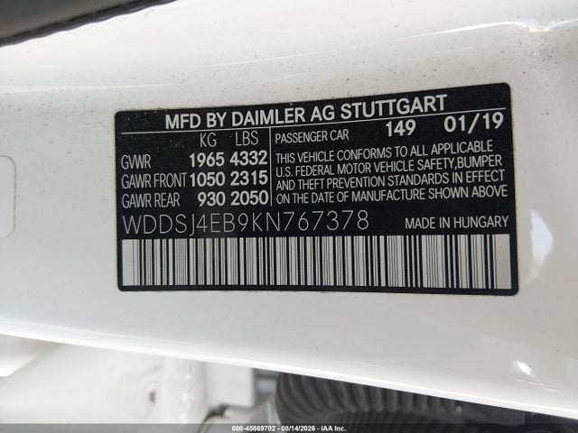 45869702 :رقم المزاد ، WDDSJ4EB9KN767378 vin ، 2019 Mercedes-benz Cla 250 مزاد بيع