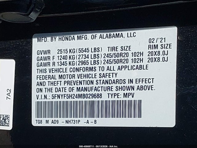 Aukcja sprzedaży 2021 Honda Pilot 2wd Special Edition, vin: 5FNYF5H24MB029688, numer aukcji: 45869711