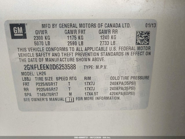 Продажа на аукционе авто 2013 Chevrolet Equinox Lt, vin: 2GNFLEEK0D6253588, номер лота: 45869721