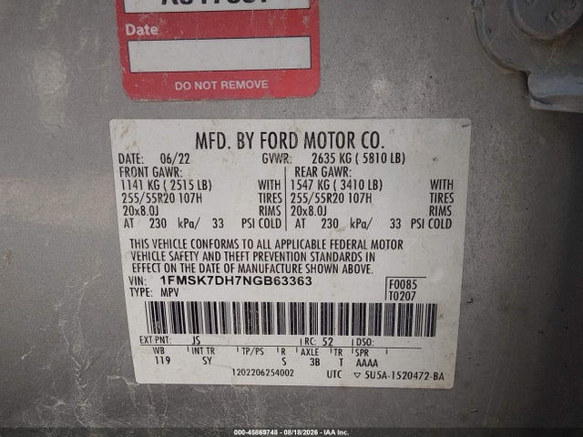 45869748 :رقم المزاد ، 1FMSK7DH7NGB63363 vin ، 2022 Ford Explorer Xlt مزاد بيع