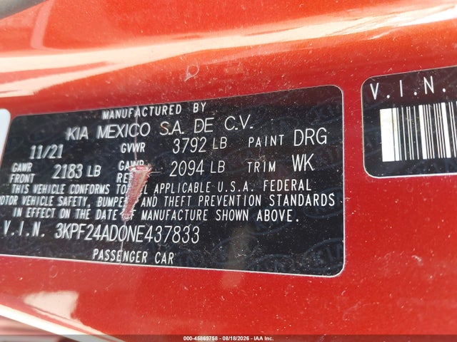 Продаж на аукціоні авто 2022 Kia Forte Lxs, vin: 3KPF24AD0NE437833, номер лоту: 45869758
