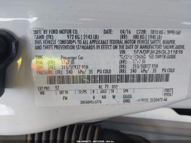 Ford FOCUS SE 2016 1FADP3K26GL311816 Image 9