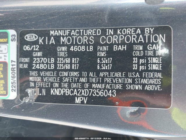 Продаж на аукціоні авто 2013 Kia Sportage Lx, vin: KNDPBCA2XD7356043, номер лоту: 45869774