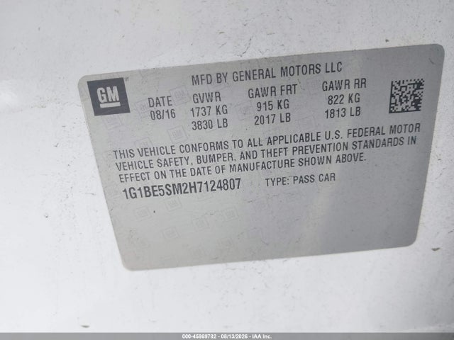 45869782 :رقم المزاد ، 1G1BE5SM2H7124807 vin ، 2017 Chevrolet Cruze Lt Auto مزاد بيع