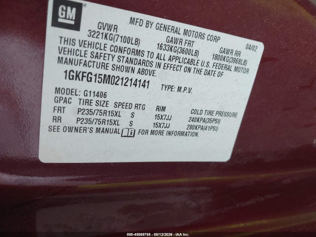 Продаж на аукціоні авто 2002 Gmc Savana Passenger Standard, vin: 1GKFG15M021214141, номер лоту: 45869788