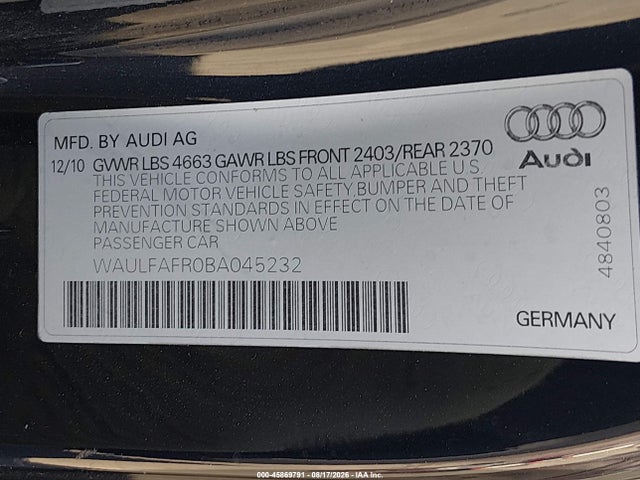 Продажа на аукционе авто 2011 Audi A5 2.0t Premium, vin: WAULFAFR0BA045232, номер лота: 45869791