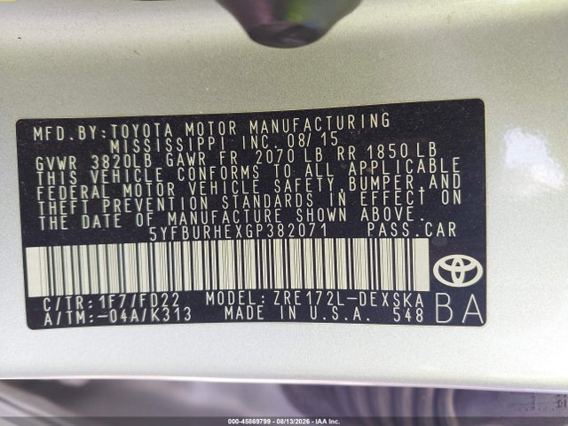 Продаж на аукціоні авто 2016 Toyota Corolla S Plus, vin: 5YFBURHEXGP382071, номер лоту: 45869799