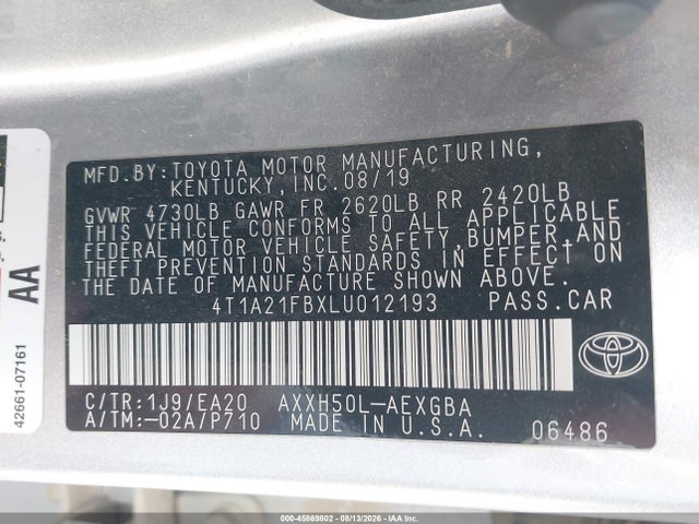 45869802 :رقم المزاد ، 4T1A21FBXLU012193 vin ، 2020 Toyota Avalon Hybrid Xle مزاد بيع