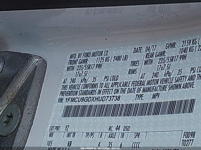 45869816 :رقم المزاد ، 1FMCU9GDXHUD73738 vin ، 2017 Ford Escape Se مزاد بيع