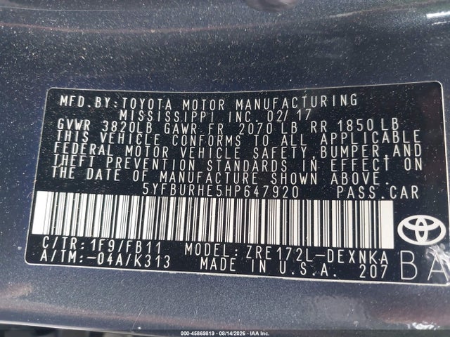 5YFBURHE5HP647920 Toyota COROLLA LE