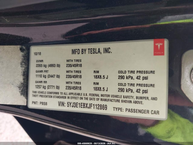 Tesla Model 3 Long Range/performance 2018 5YJ3E1EBXJF112869 Image 9