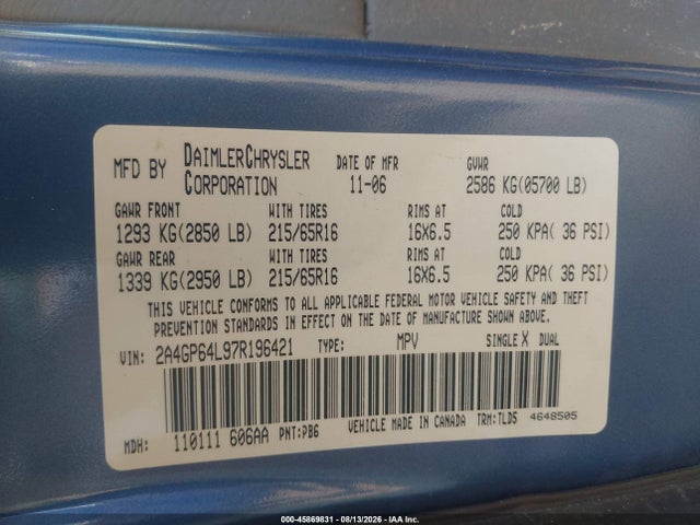 45869831 :رقم المزاد ، 2A4GP64L97R196421 vin ، 2007 Chrysler Town & Country Limited مزاد بيع