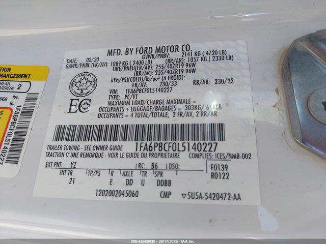 Aukcja sprzedaży 2020 Ford Mustang Gt, vin: 1FA6P8CF0L5140227, numer aukcji: 45869839