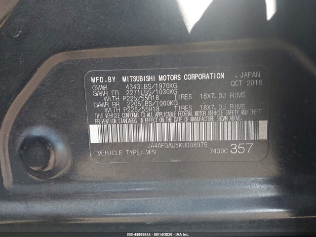 Продажа на аукционе авто 2019 Mitsubishi Outlander Sport 2.0 Es, vin: JA4AP3AU5KU008975, номер лота: 45869844
