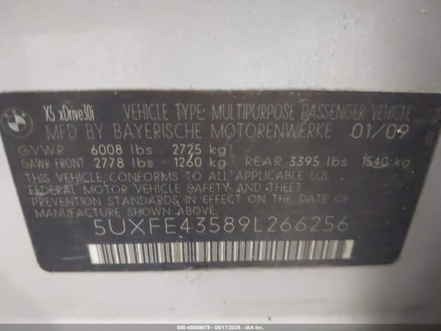Продажа на аукционе авто 2009 Bmw X5 Xdrive30i, vin: 5UXFE43589L266256, номер лота: 45869879