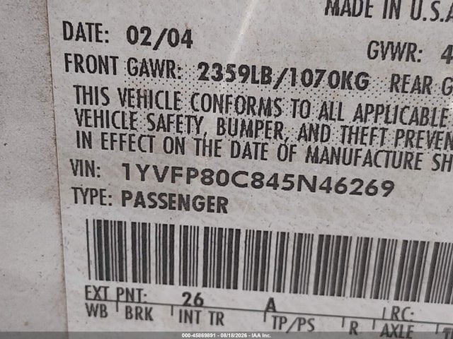 Продаж на аукціоні авто 2004 Mazda Mazda6 I, vin: 1YVFP80C845N46269, номер лоту: 45869891