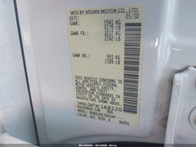Продажа на аукционе авто 2010 Nissan Altima 2.5 S, vin: 1N4AL2AP7AC168520, номер лота: 45869901