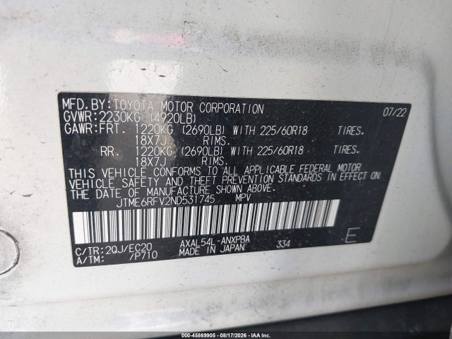 45869905 :رقم المزاد ، JTME6RFV2ND531745 vin ، 2022 Toyota Rav4 Hybrid Xse مزاد بيع