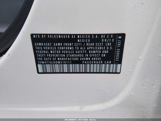 2013 Volkswagen Jetta Gli Autobahn მანქანა იყიდება აუქციონზე, vin: 3VW4T7AJ0DM310111, აუქციონის ნომერი: 45869910