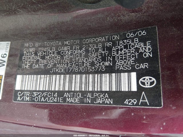 2007 Scion Tc მანქანა იყიდება აუქციონზე, vin: JTKDE177870153773, აუქციონის ნომერი: 45869911