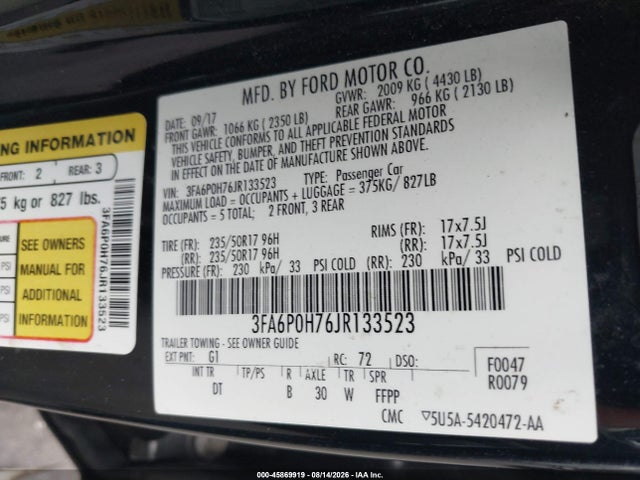 3FA6P0H76JR133523 Ford FUSION SE