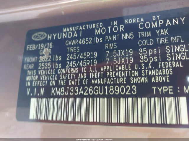 2016 Hyundai Tucson Sport მანქანა იყიდება აუქციონზე, vin: KM8J33A26GU189023, აუქციონის ნომერი: 45869941