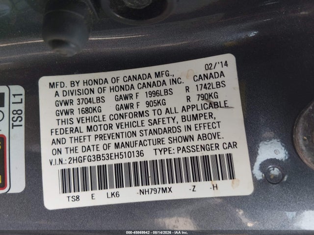 45869942 :رقم المزاد ، 2HGFG3B53EH510136 vin ، 2014 Honda Civic Lx مزاد بيع