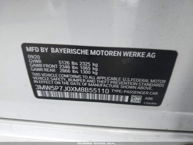 45869946 :رقم المزاد ، 3MW5P7J0XM8B55110 vin ، 2021 Bmw 330e مزاد بيع