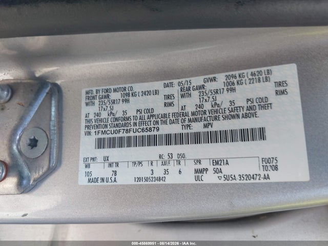 Продажа на аукционе авто 2015 Ford Escape S, vin: 1FMCU0F78FUC65879, номер лота: 45869951
