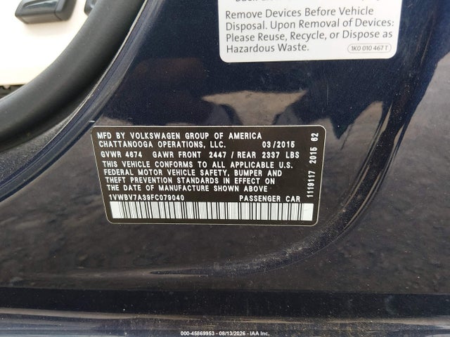 Продаж на аукціоні авто 2015 Volkswagen Passat 2.0l Tdi Se, vin: 1VWBV7A39FC079040, номер лоту: 45869953